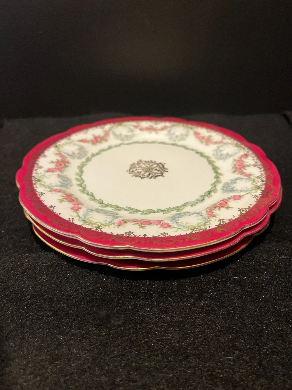 VTG Imperial Crown Dainty Floral Wine Trim 6” Plates Made in Austria Set of 3
